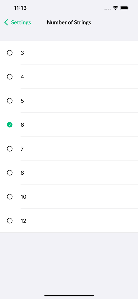 Reverse Chord Finder Pro - Selection screen for the number of instrument strings in Reverse Chord Finder Pro