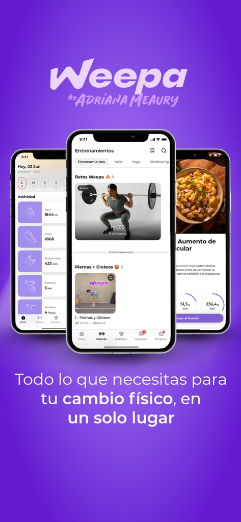 Weepa by Adriana Meaury - La aplicación de fitness Weepa de Adriana Meaury mostrando rutinas de entrenamiento, seguimiento de actividad y guías nutricionales en pantallas de móvil.