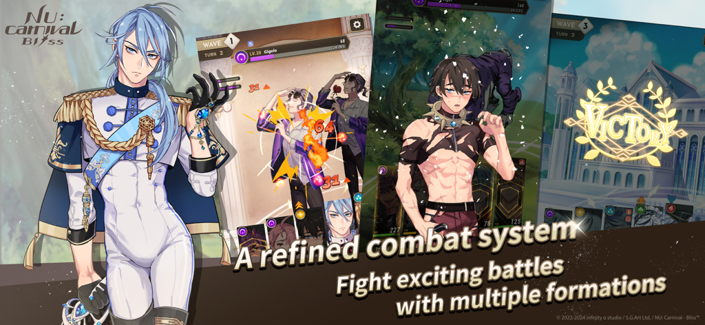 Captura de pantalla del juego móvil NU Carnival Bliss que muestra el combate por turnos y el diseño de personajes