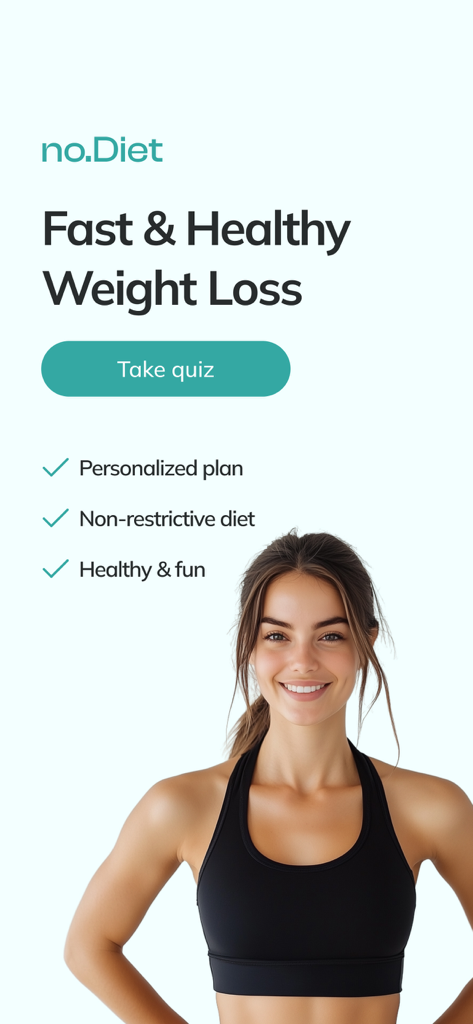 no.Diet - Écran d'accueil de l'application no.Diet présentant un plan de perte de poids sain personnalisé et un bouton de quiz
