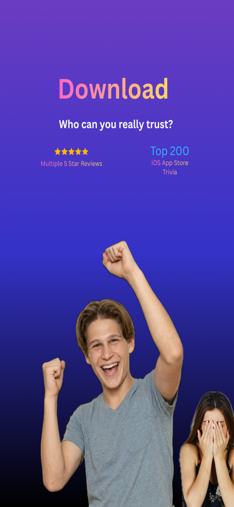 Promotional screen for Imposter Party Word Game showing social deduction gameplay vibes with a celebrating man and a hiding woman