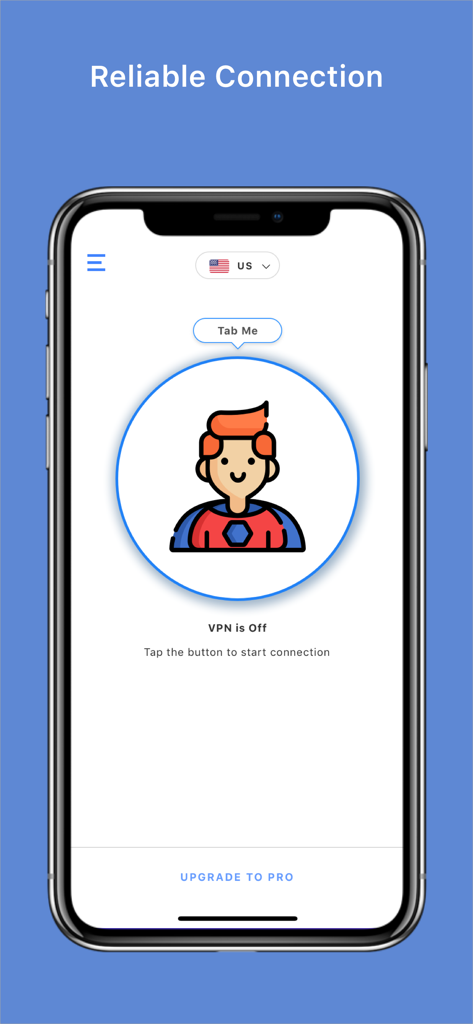 VPN Super Proxy x 360 Shield - Interfaz de la aplicación VPN Super Proxy mostrando la pantalla de conexión confiable con un ícono de superhéroe y el botón de conexión de un solo toque.