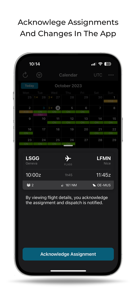 FL3XX Crew - FL3XX Crew app interface showing a flight schedule calendar and a button to acknowledge a flight assignment from Geneva to Nice