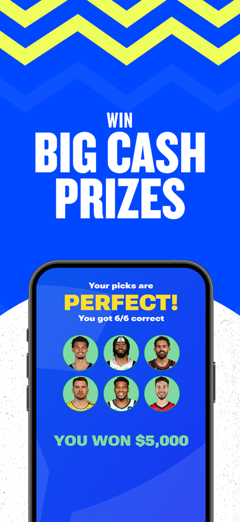 FanDuel Picks - FanDuel Picks mobile app screen showing a perfect six for six basketball lineup and a five thousand dollar cash prize win