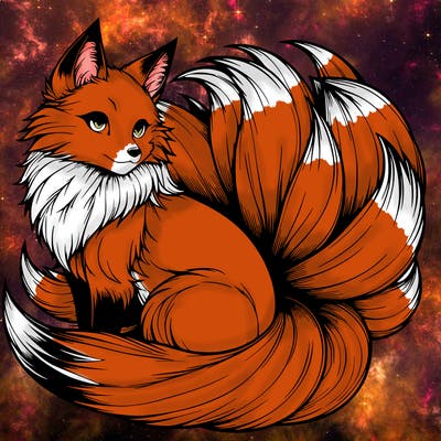 realistic detailed 9 tailed anime fox