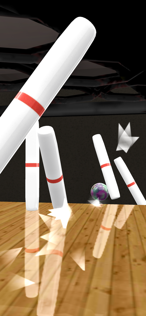 Galaxy Bowling HD - 3D candlepin bowling game showing a purple ball hitting pins on a reflective lane