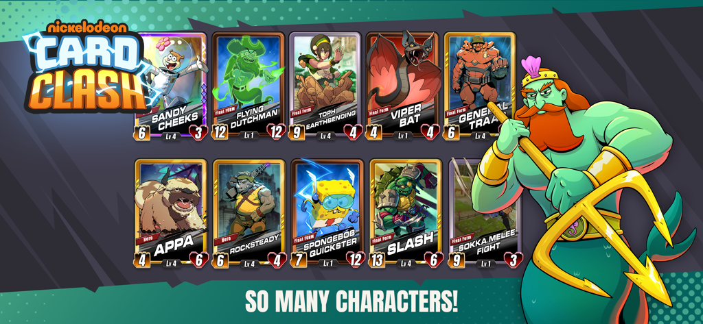 Nickelodeon Card Clash - A collection of Nickelodeon character cards featuring SpongeBob TMNT and Avatar characters.