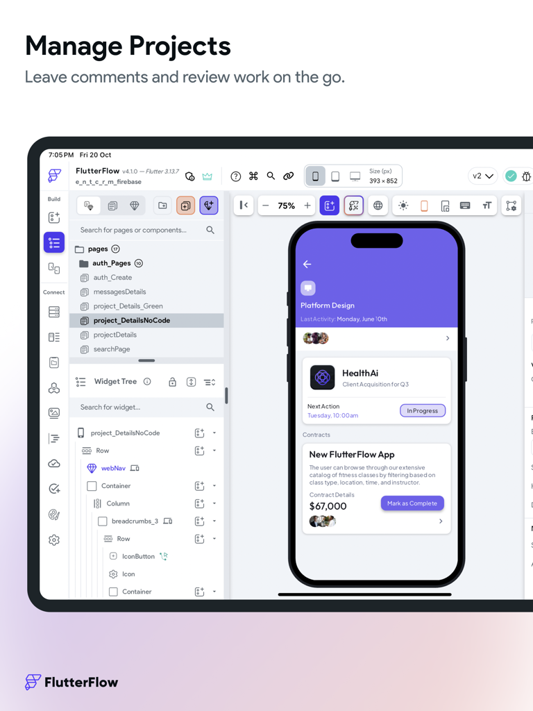 Interfaz del constructor de apps visual de FlutterFlow en un iPad mostrando un editor de proyectos con un árbol de widgets y vista previa móvil