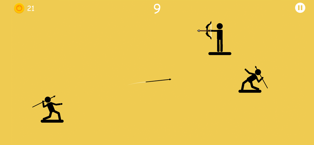 A stickman warrior throwing a spear at an enemy archer in a minimalist environment