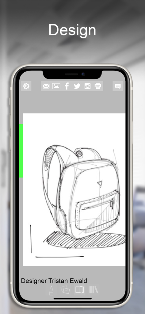 Morpholio Journal – Sketchbook - A digital sketch of a backpack on the Morpholio Journal app interface labeled Design