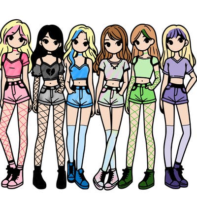 a group of girls wearing crop tops and shorts