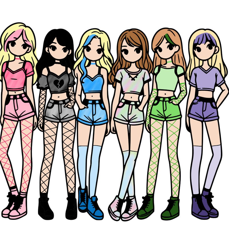 a group of girls wearing crop tops and shorts