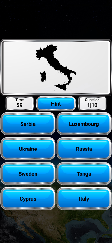 A geography quiz game screen showing the map outline of Italy with multiple choice country options.