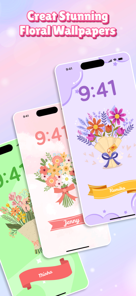 Flower Language Keyboard Theme - Three iPhones displaying personalized floral bouquet wallpapers with names