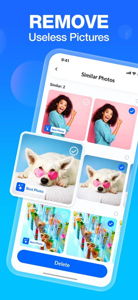 Cleaner - Clean Up Storage - A mobile app interface displaying similar photos identified for deletion to free up storage space