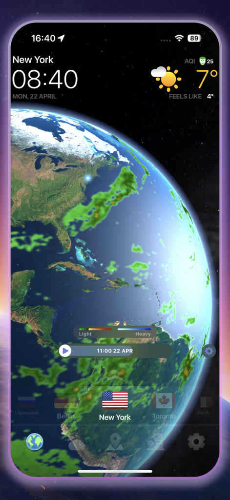 WeatherNOW: Forecast Radar Map - WeatherNOW app displaying a 3D interactive globe with live weather radar layers and New York City forecast.