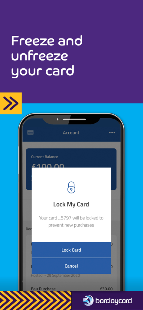 Barclaycard for Business - Una interfaz móvil de la aplicación Barclaycard for Business mostrando una indicación para bloquear una tarjeta y evitar nuevas compras
