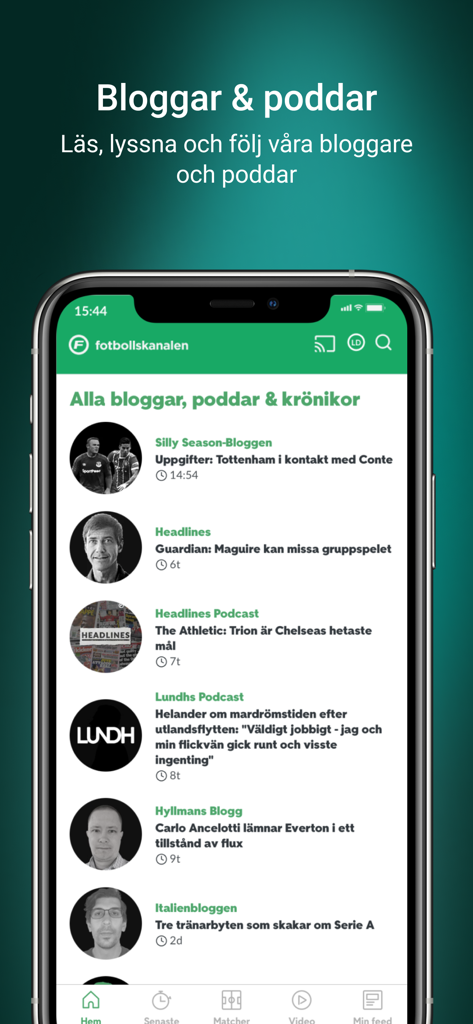 Fotbollskanalen - Pantalla de la aplicación móvil de Fotbollskanalen mostrando una lista de blogs y podcasts de fútbol sueco
