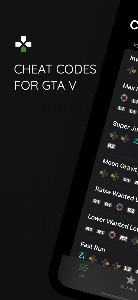 Interface de l'application mobile montrant une liste de codes de triche pour GTA V en mode sombre