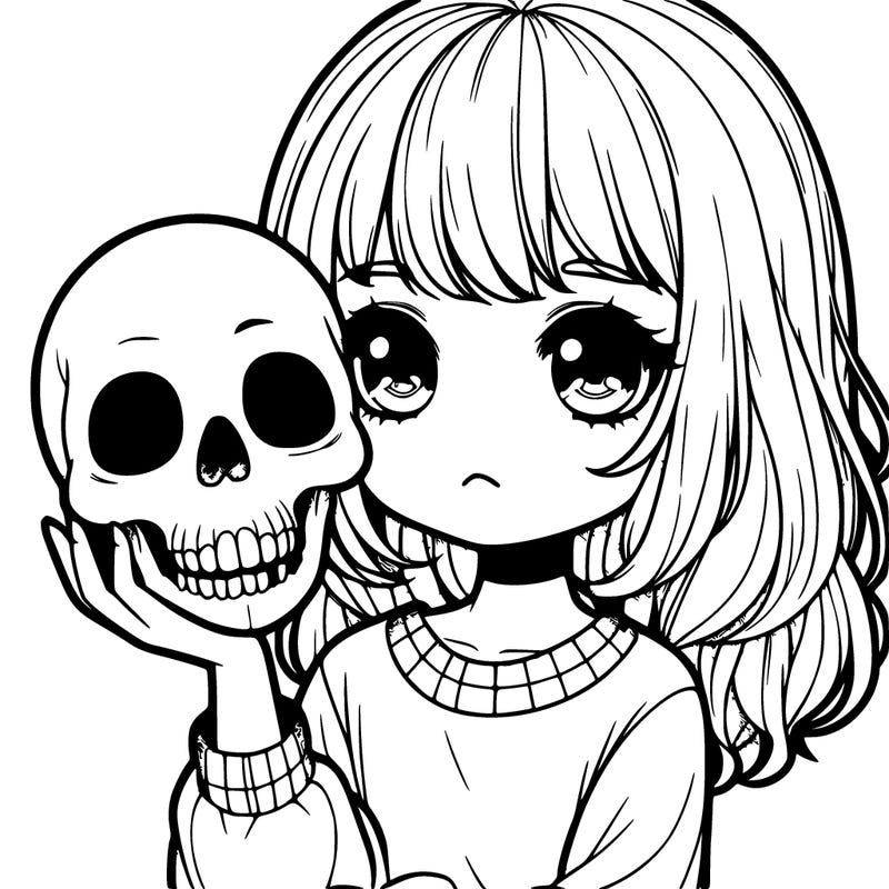 realistic cute girl holding a skull