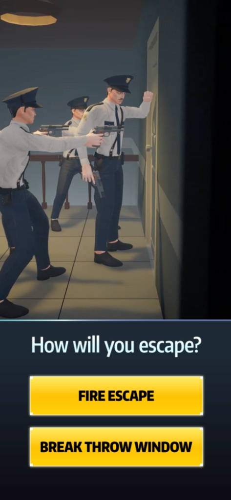Pawn to Don Mafia Crime Story - 銃を構えた警官がドアの前に立ち、脱出用の火災用はしごか窓の選択肢がある、Pawn to Donマフィアゲームの脱出シーン。