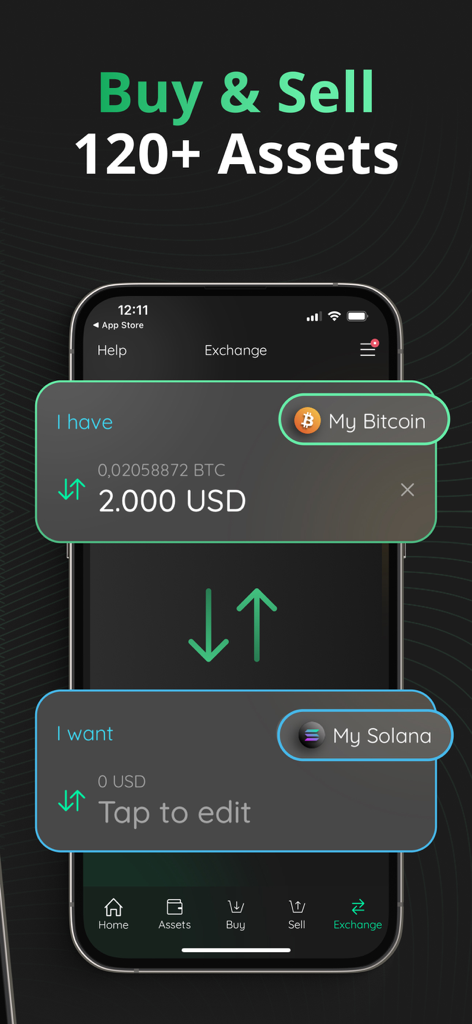 Edgeアプリのインターフェース。BitcoinからSolanaへの暗号資産交換が表示されています。