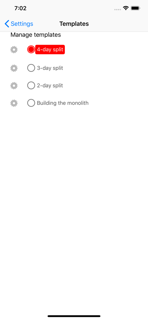 5/3/1 Workout logger - 531 - Bildschirm zur Verwaltung von Trainingsvorlagen, der 4-Tage-, 3-Tage- und 2-Tage-Splits sowie Building the Monolith-Optionen zeigt