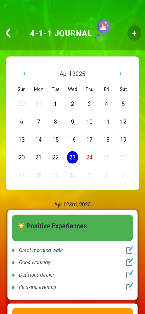 Neuro580 app 4-1-1 Journal screen showing a monthly calendar and a list of daily positive experiences for mental wellness.
