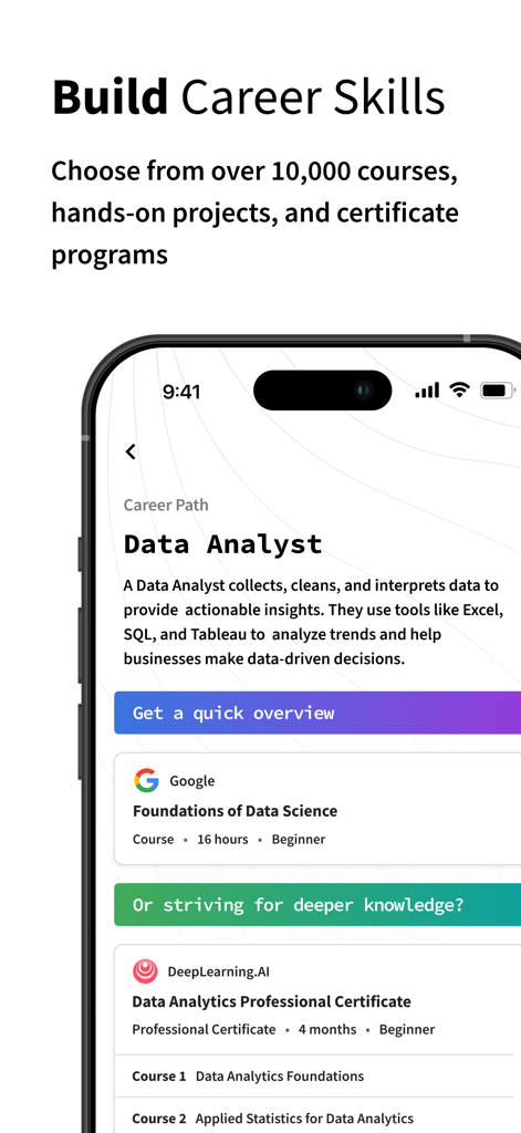 Coursera app interface displaying a data analyst career path with professional certificate options.
