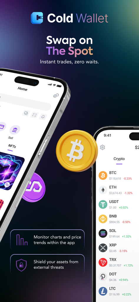 iPhone에서 즉각적인 암호화폐 스왑 및 자산 가격 모니터링을 강조하는 콜드 월렛 앱 인터페이스.