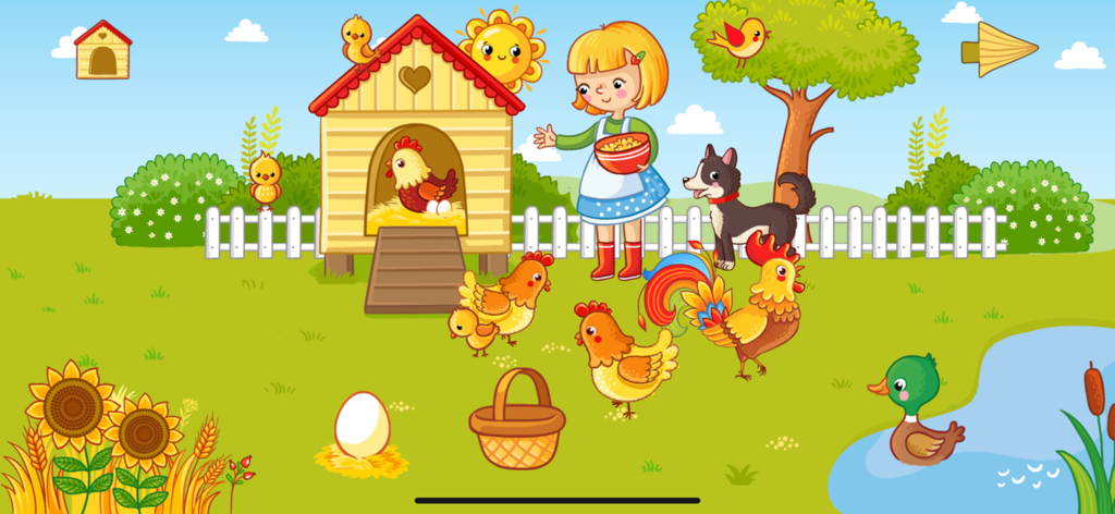 Farm animal pet games for kids - Una niña de dibujos animados alimenta a pollos y un gallo cerca de un gallinero en un juego educativo de granja