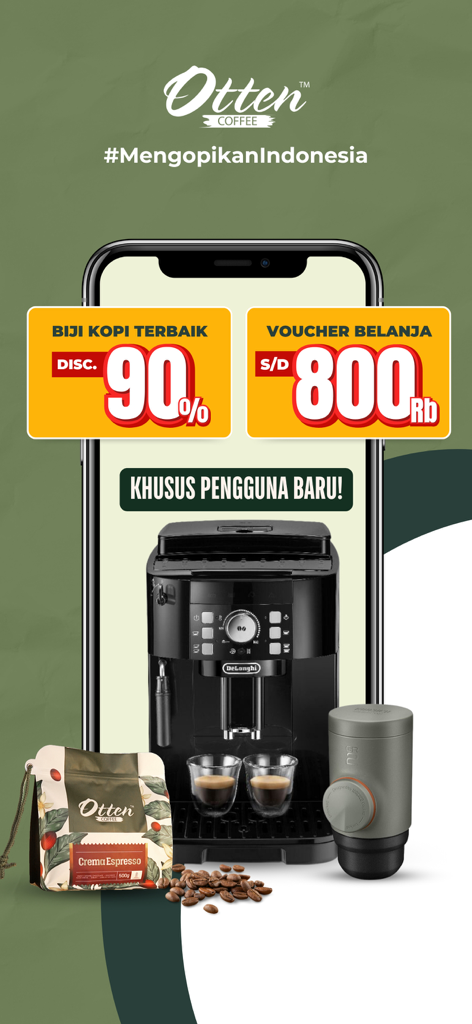 Otten Coffee App-Werbebildschirm mit Kaffeemaschinen, Bohnen und exklusiven Rabatten für neue Benutzer