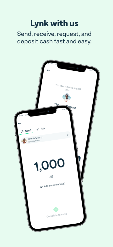 Lynk - Digital Payments - Two mobile phone screens showing the Lynk app interface for sending and requesting Jamaican Dollars