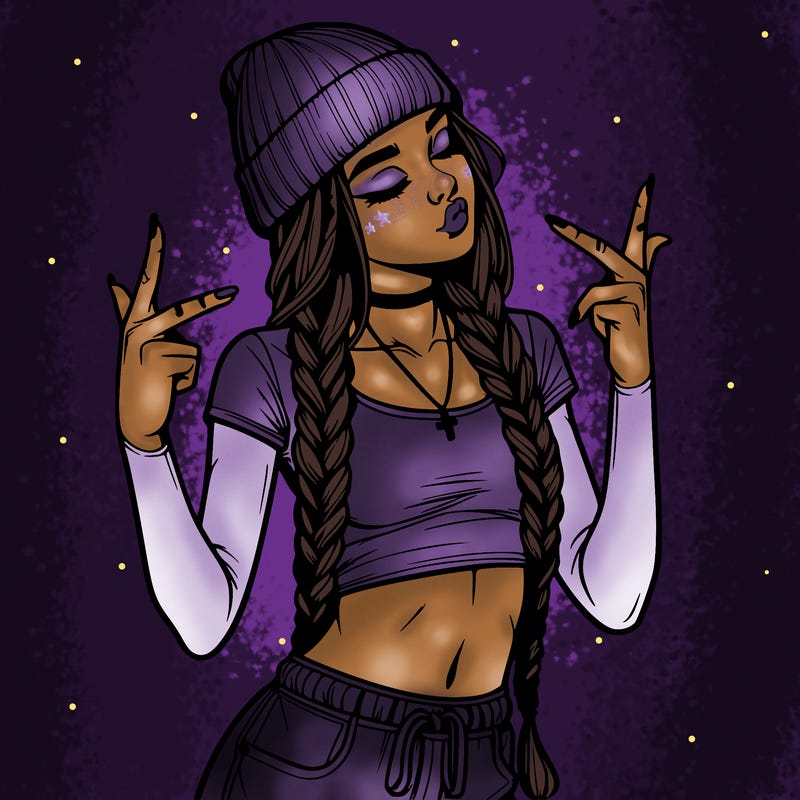 realistic teenage girl with braids and a beanie and crop top doing 🫶🏼