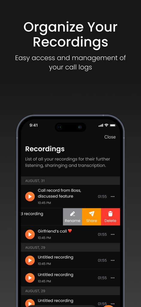 Call Recorder App: Phone Calls - Interface of the Call Recorder App showing a list of phone call recordings with options to organize, rename, and share.