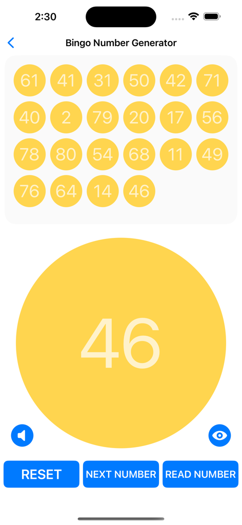 Bingo Number Caller app interface showing a large number forty six and a grid of previously called numbers