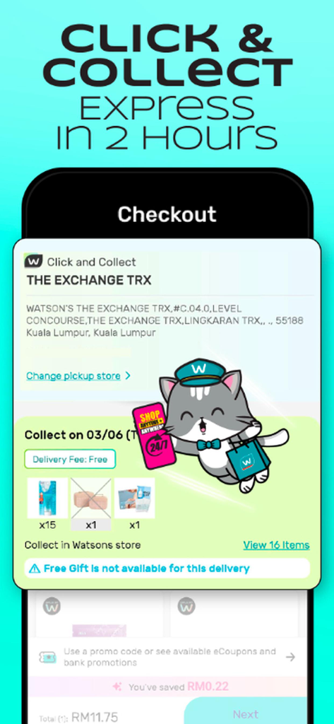 2시간 이내에 이용 가능한 클릭 앤 콜렉트 특급 서비스가 표시된 Watsons MY 앱 결제 화면