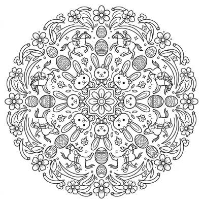 Gallop into spring with this enchanting Easter mandala coloring page, beautifully blending the thrill of jockeys with festive holiday cheer. Discover a symmetrical world filled with adorable bunnies, decorative eggs, and blooming flowers, all ready for your creative touch.