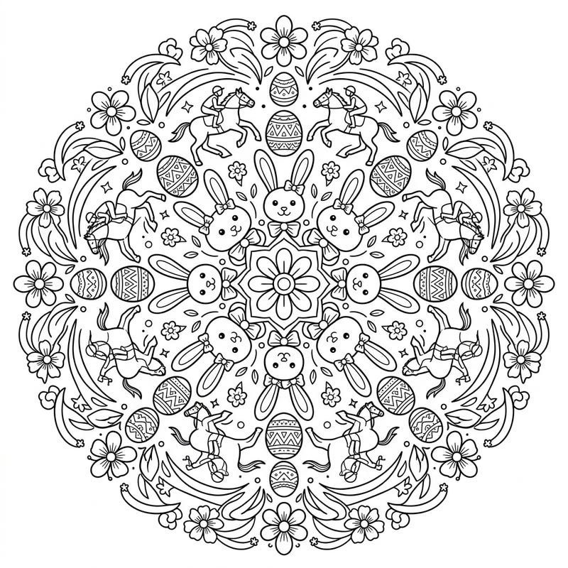 Gallop into spring with this enchanting Easter mandala coloring page, beautifully blending the thrill of jockeys with festive holiday cheer. Discover a symmetrical world filled with adorable bunnies, decorative eggs, and blooming flowers, all ready for your creative touch.