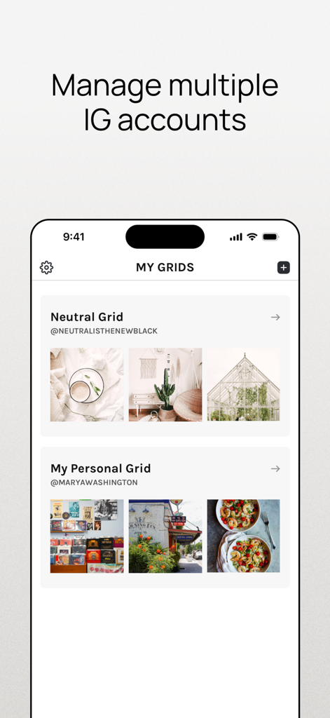 Interface for managing multiple Instagram account grids and feed previews