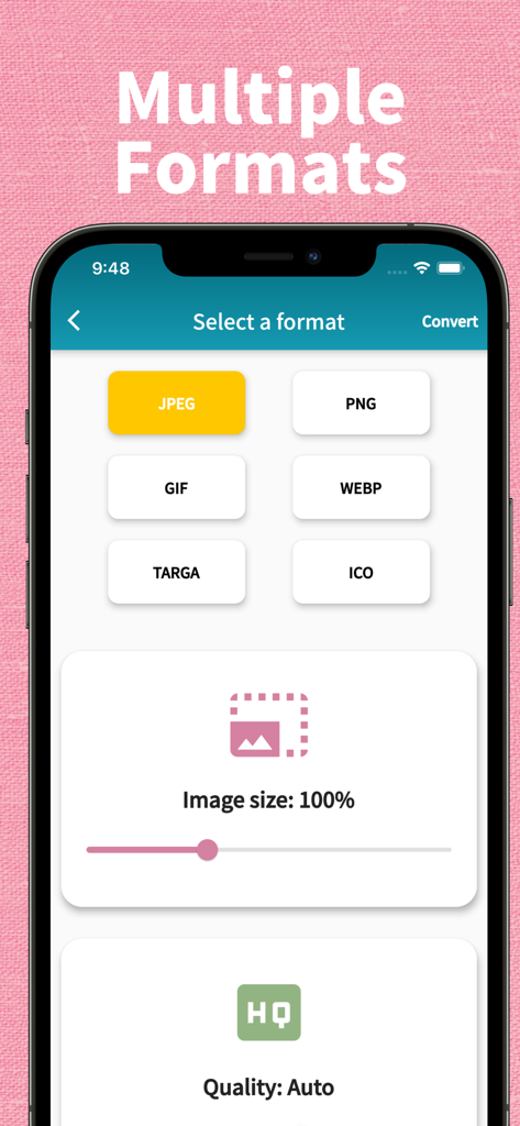 画像変換アプリのフォーマット選択画面のスクリーンショット。JPEG、PNG、WebPのオプションが表示されている。
