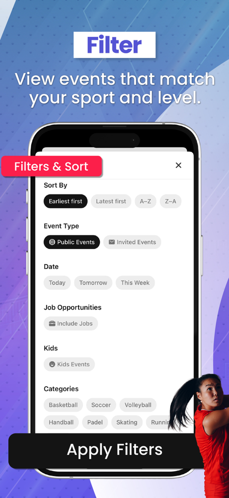 Filter sports events by category and level on the PIN Sport App interface