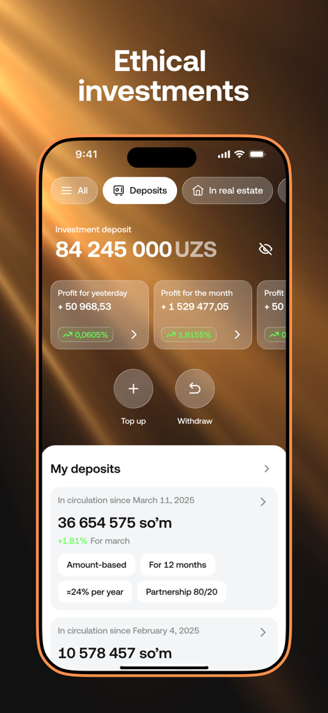 IMANUM - IMANUM mobile app dashboard showing ethical investment deposits and profits