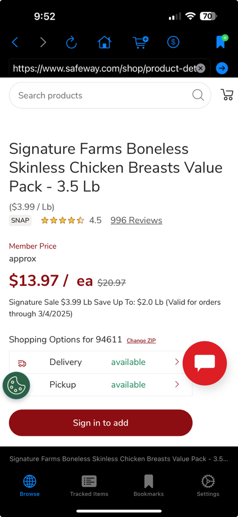 Interfaz móvil de Navegador de Precios Lio que muestra la página de un producto de comestibles en Safeway con información de precios