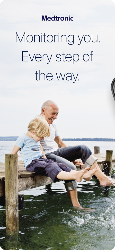 Medtronic MyCareLink Heart promotional screen showing a senior man and child sitting on a lake dock with text about continuous monitoring.