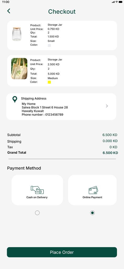 Akyas Packaging Solutions - Mobile checkout screen showing storage items shipping address and payment methods
