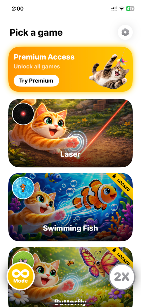 Cat Games for Cats - The game selection interface of the Cat Games for Cats app showing various interactive hunt games for indoor pets.