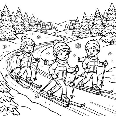 Get ready for a frosty adventure with this delightful cross-country skiing coloring page designed especially for kids. Watch as three cheerful children glide through a beautiful winter wonderland, perfect for bringing vibrant colors to life.