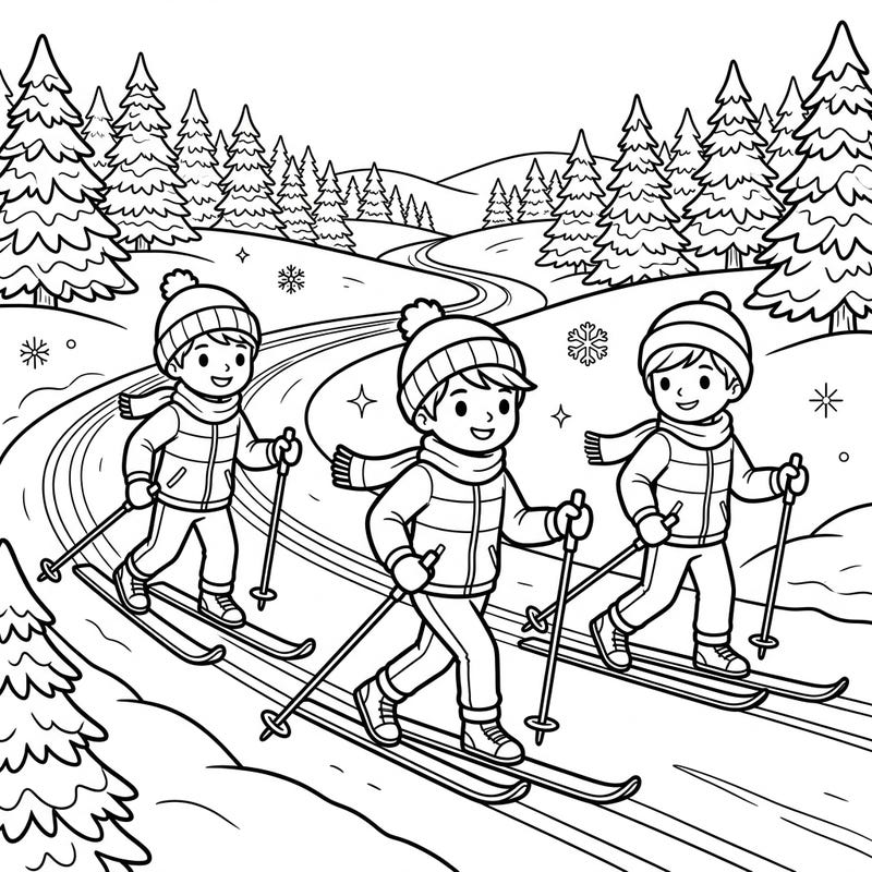 Get ready for a frosty adventure with this delightful cross-country skiing coloring page designed especially for kids. Watch as three cheerful children glide through a beautiful winter wonderland, perfect for bringing vibrant colors to life.