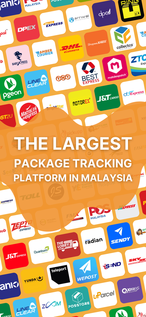Tracking.my - Package Tracker - Uma grade de vários logotipos de empresas de courier mostrando o Tracking.my como a maior plataforma de rastreamento de pacotes na Malásia